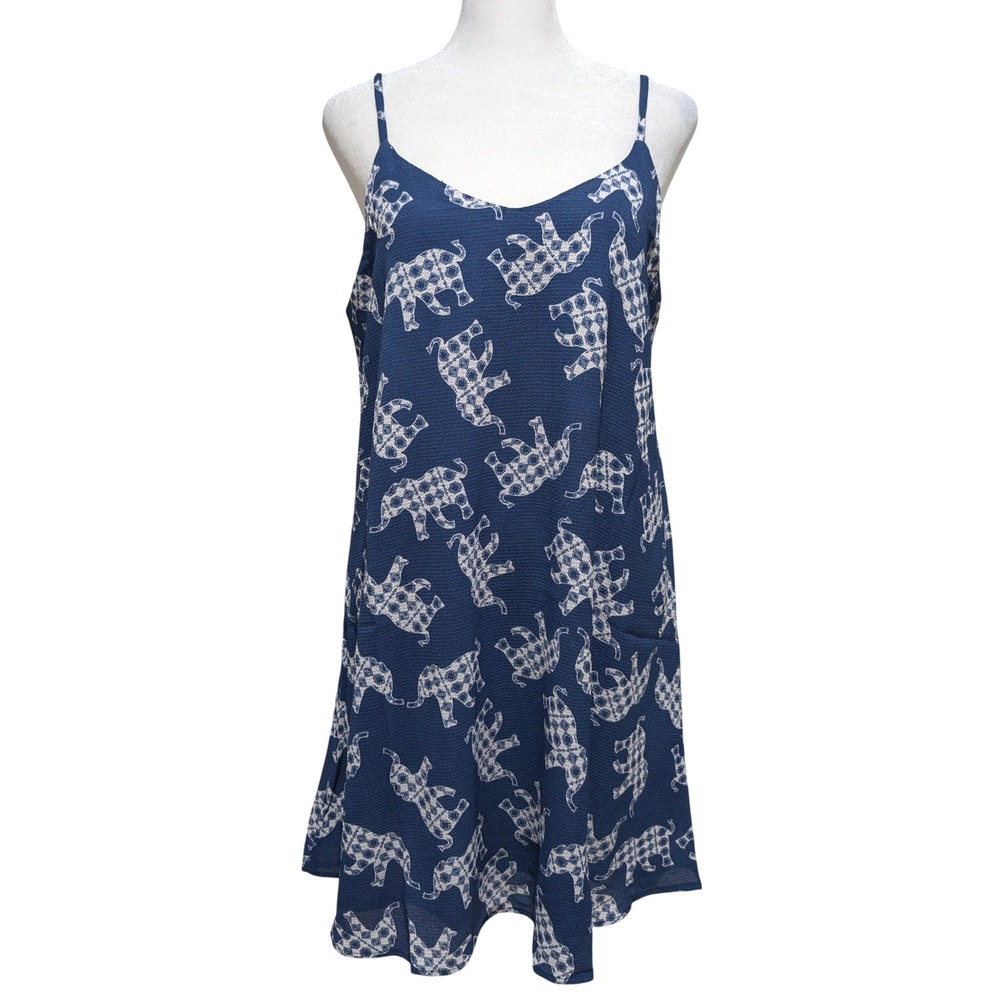 Summer Girl Blue Elephant Print Mini Dress Criss Cross Back Size M SM Wardrobe